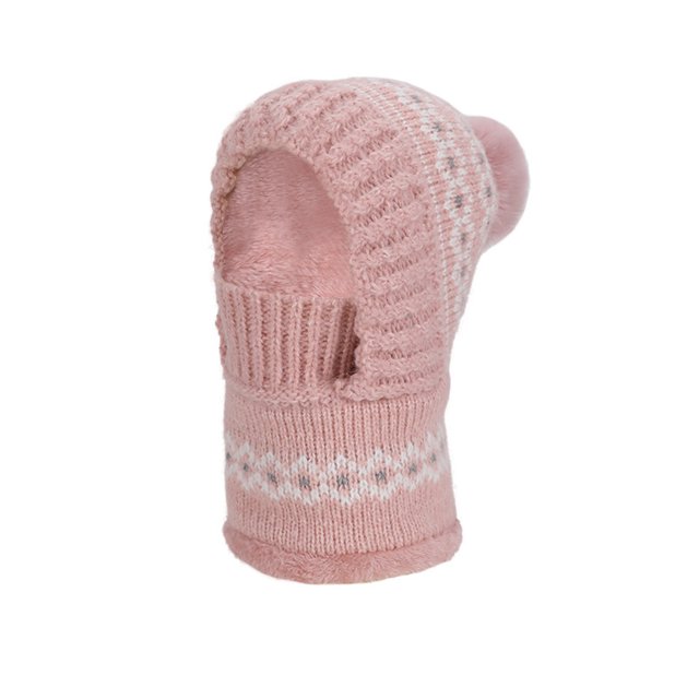 Pink Ladies Winter Plus Velvet Cold Proof Knitted Wool Hat Scarf Mask Integrated Hat One Size 21.65-23.62 Inches Circumference 6.69 Inches Height