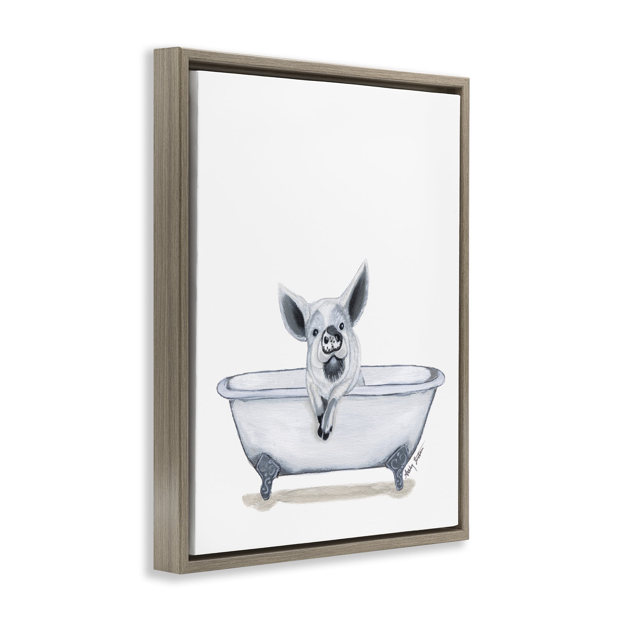Stupell Industries Pig in Tub Sketch Bath & Laundry Painting Brown Floater Framed Canvas Art Print Wall Art, 25 x 31