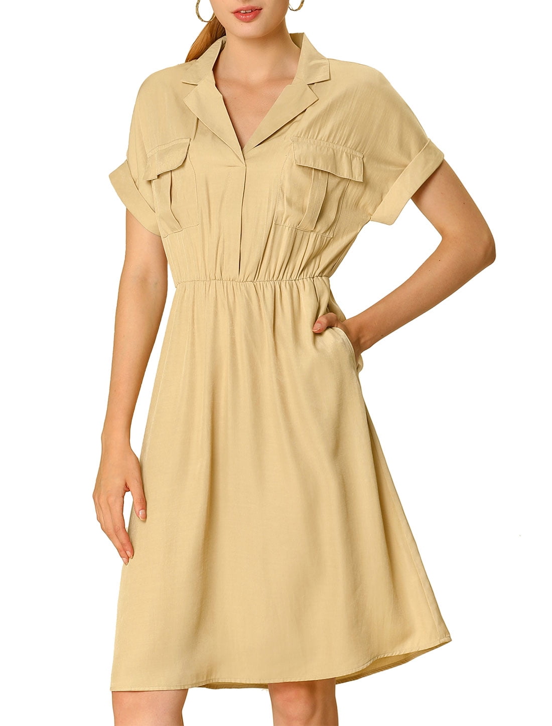 DARING DIVA Notched Lapel V-Neck Above Knee Elastic Waist Shirt Dress S Khaki