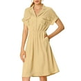 thumbnail image 3 of DARING DIVA Notched Lapel V-Neck Above Knee Elastic Waist Shirt Dress M Khaki, 3 of 6