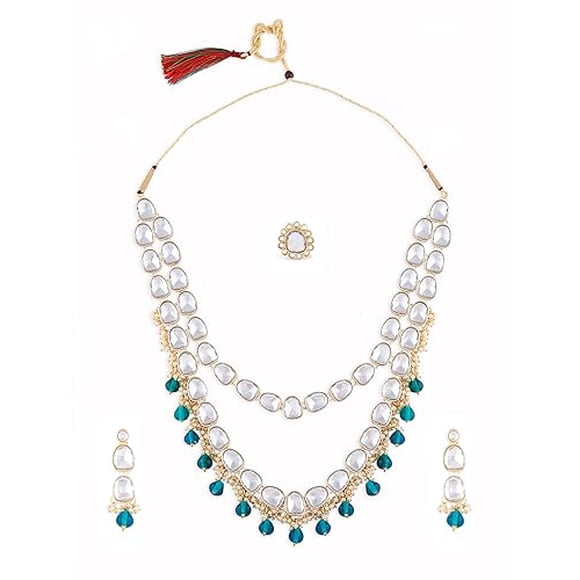 Green Beads Drop Layered Bridal Kundan Necklace Set With Earring & Ring Set For Women | Gold Plated Kundan & Beads - Bridal Collection Necklace Style For Ethnic Indian Jewellery Set For Outfits