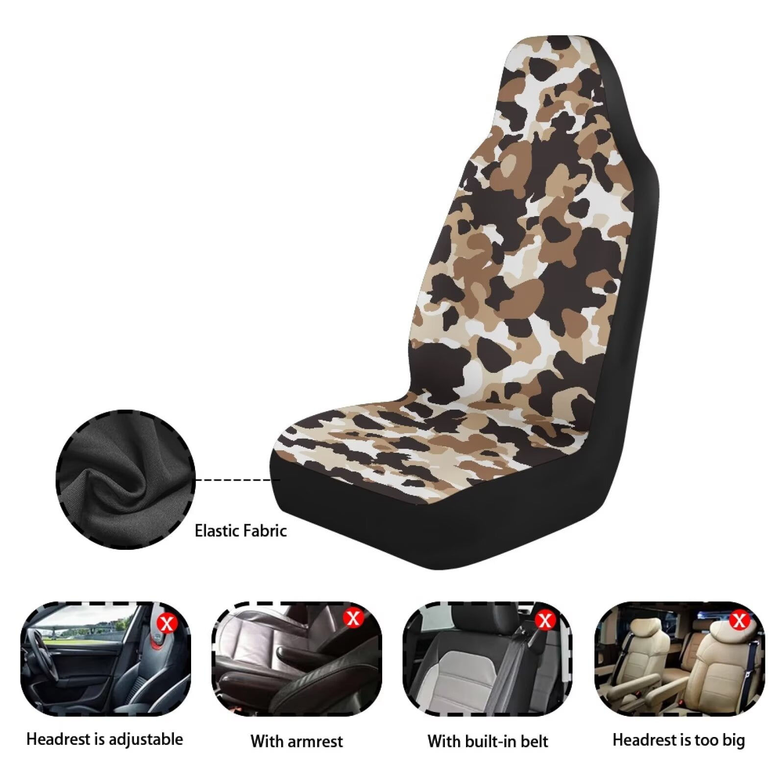 Binienty Brown Camo Print Car Seat Covers Front Seats Only Elastic Polyester Bucket Seat Covers Anti-Scratch Breathable Easy to Install Universal for Cars SUV/Trucks/Sedans