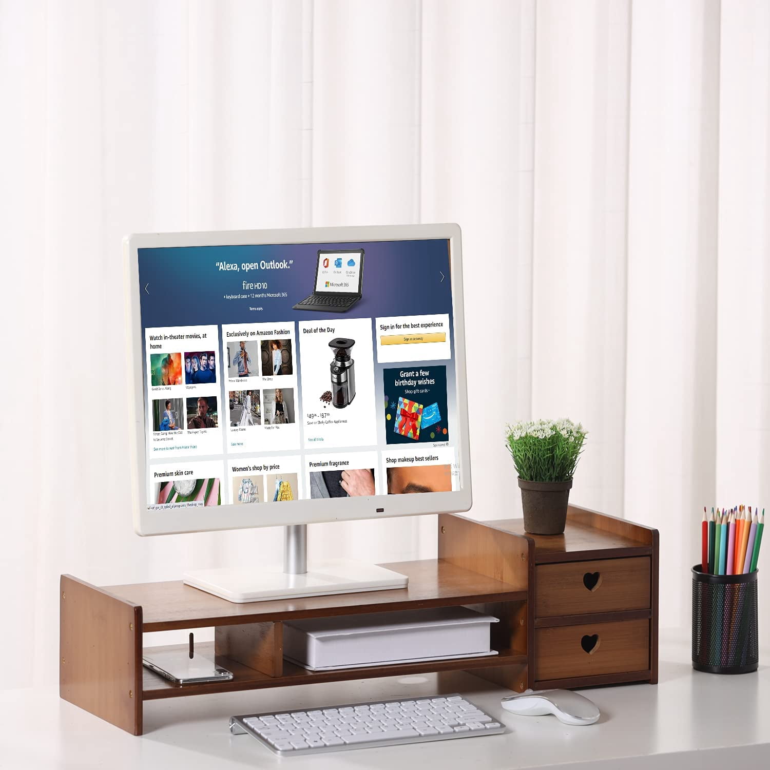 Maydear Bamboo Monitor Stand Riser with Storage Drawer, 2 Tier Desk ...