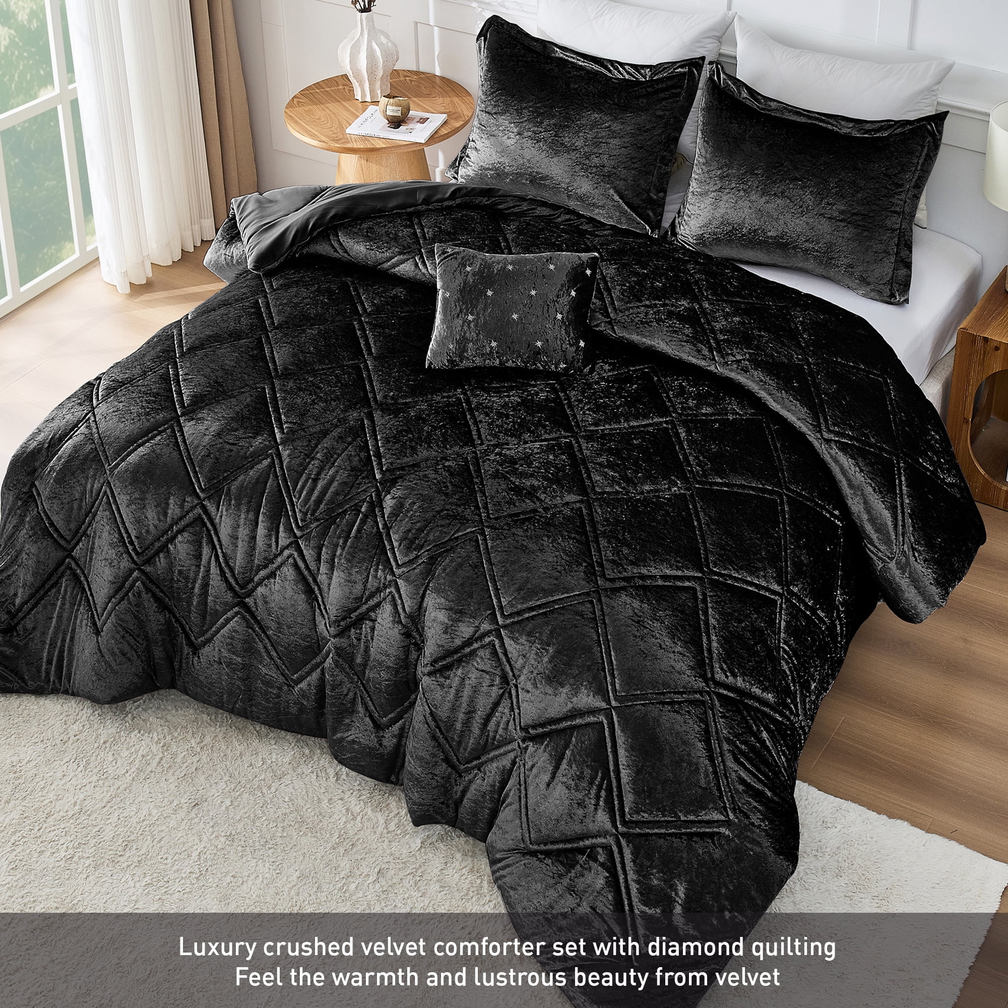 Regency Heights King/Cal King Size Comforter Sets, Velvet Bedding Comforter Set for All Seasons, Black Bedding Set with Decor Pillow