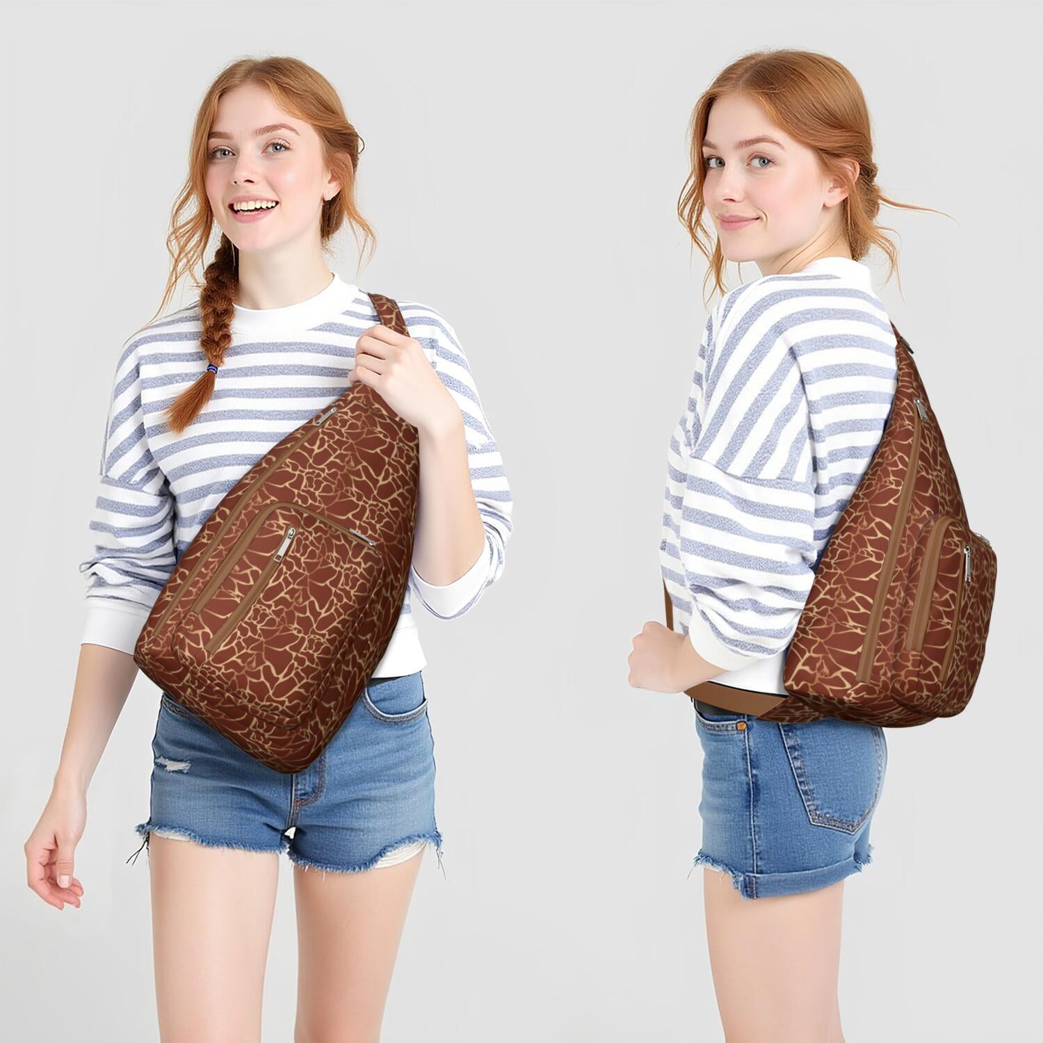 Giraffe Lover's Sling Bag - African Grassland Animal Print Crossbody Backpack, Water-Resistant Shoulder Chest Bag (Wild Animal Skin Texture Design, Rustic Brown & Woodland Theme)