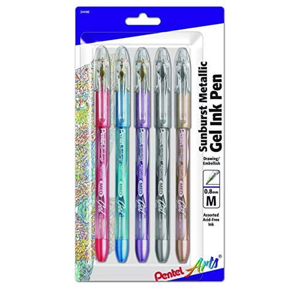 Pentel Arts Sunburst Metallic Gel Pen, Medium Line, Permanent, Assorted Colors, 5 Pack