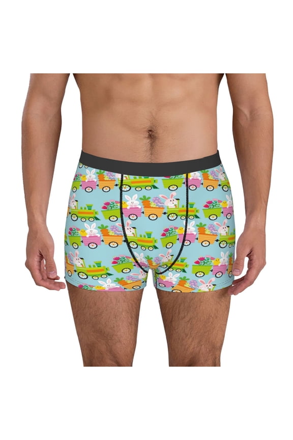 bunnies and chicks on a train Print Men's Boxer Briefs, High Elastic Moisture Wicking Boxer Briefs Underwear-XX-Large