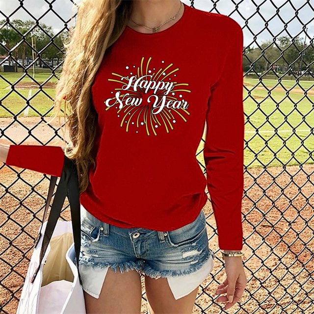 DPTALR T-shirt Imprimé Années Heureuses pour Femmes Manches Longues Blouse Décontractée