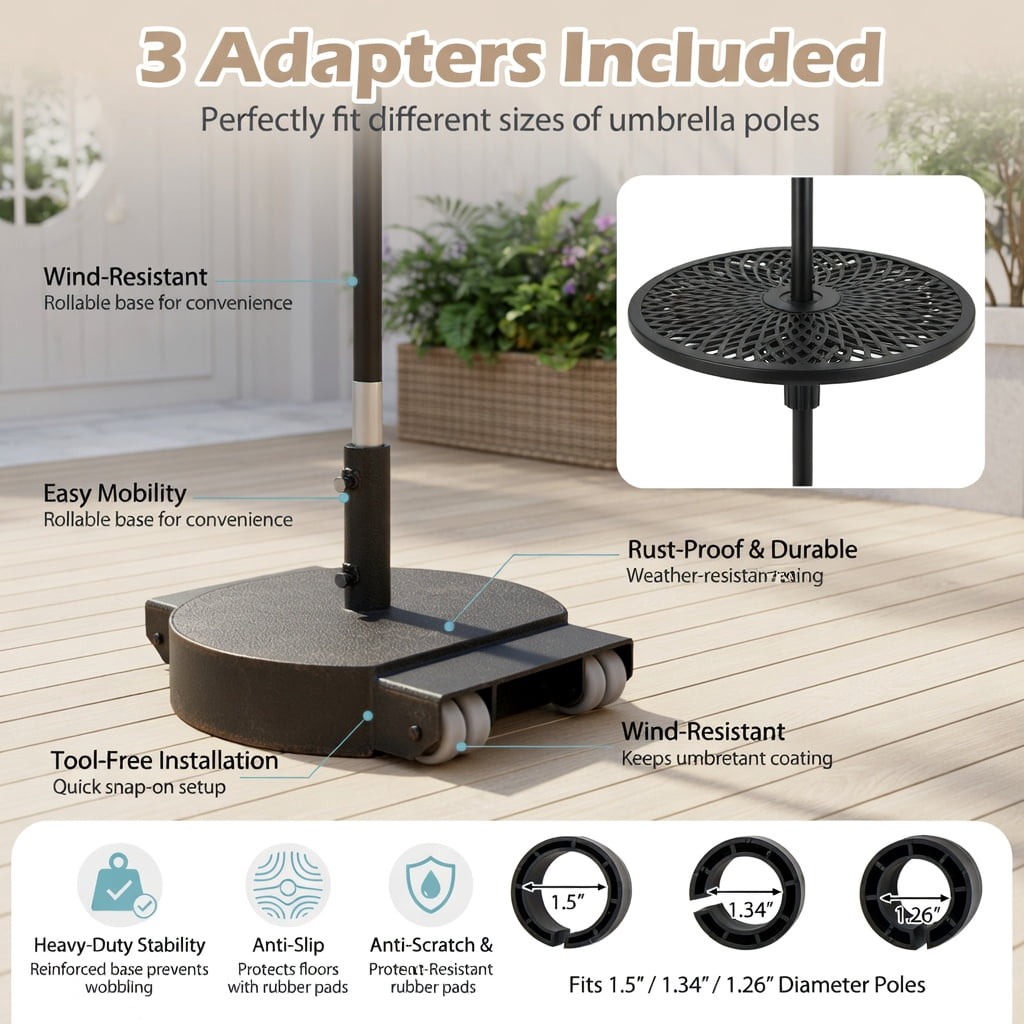 Resenkos Umbrella Base for Patio, Umbrella Stand Outdoor Base,Patio Umbrella Table Tray Adjustable with Umbrella Poles-Black