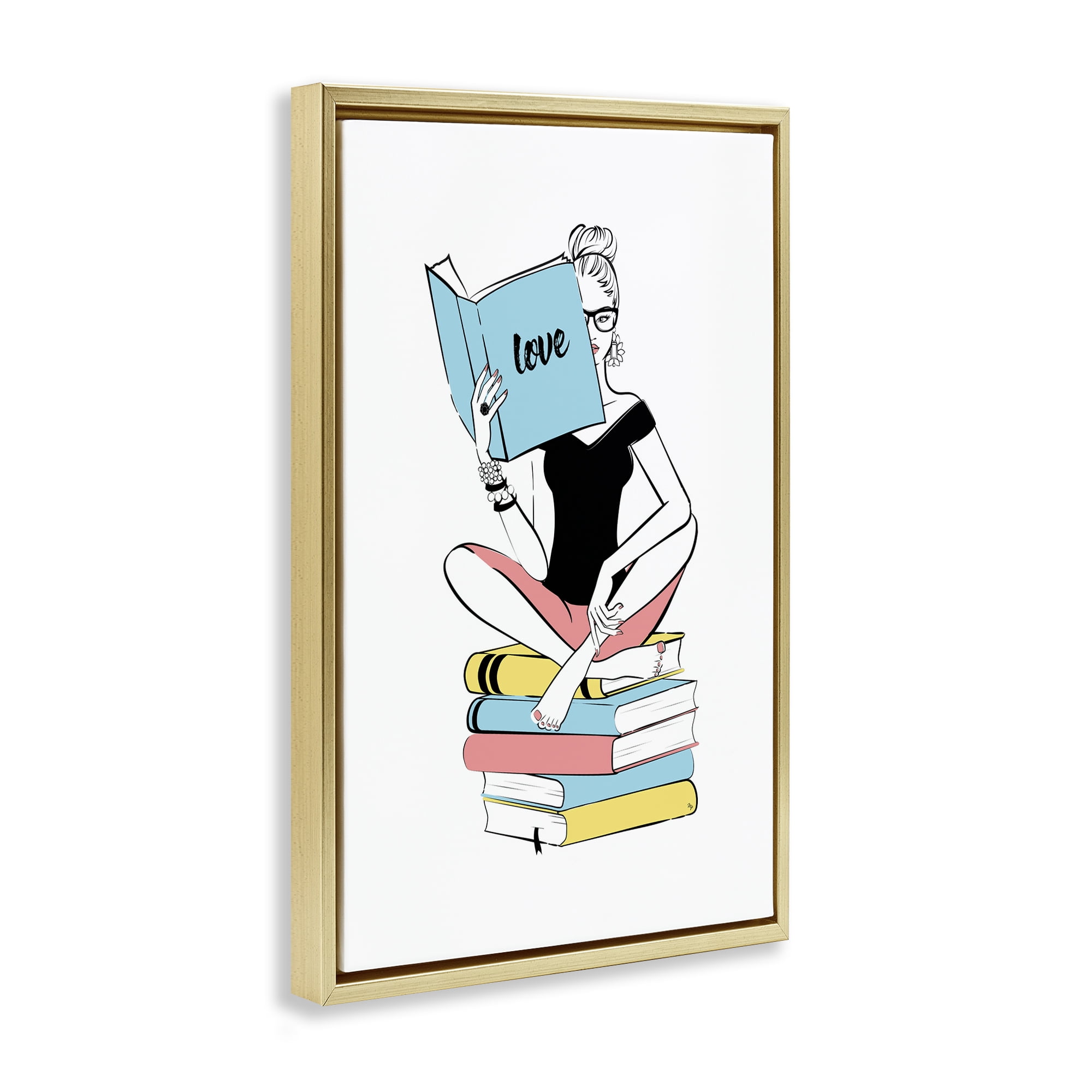 Stupell Industries Book Love Girl Novelty Painting Gold Floater Framed Art Print Wall Art, 21 x 31