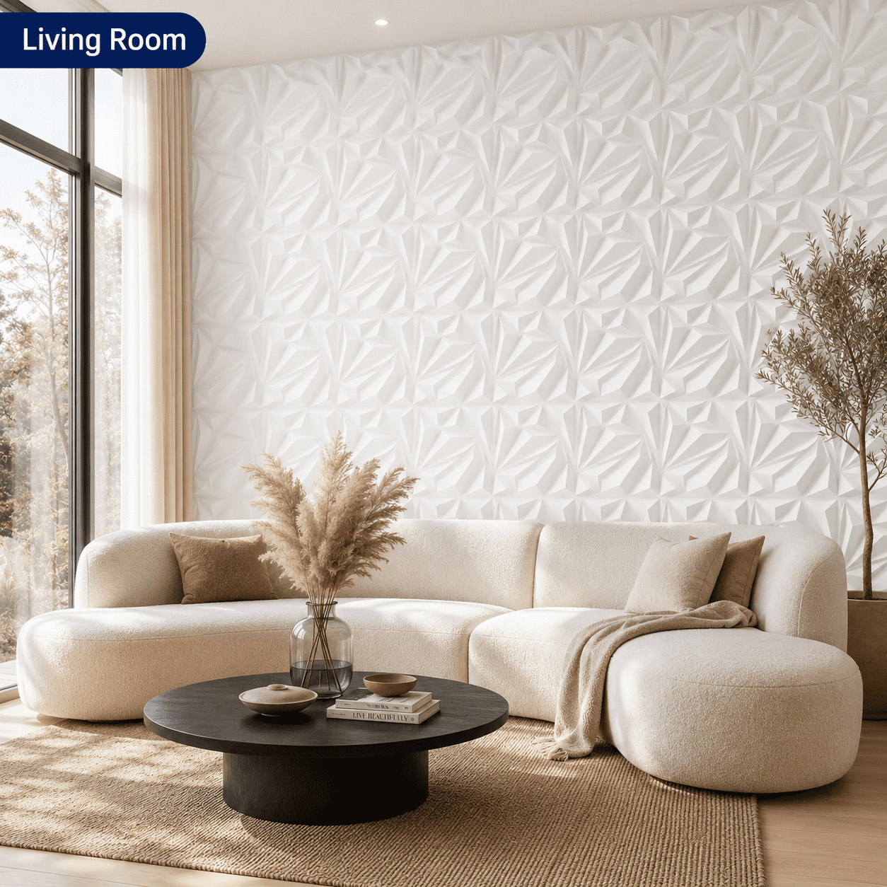 Yeslife 33-Pack White PVC 3D Wall Panel Set, 11.8"x11.8" Diamond Pattern Accent Wall Covering for Interior Home Décor - Living Room, Bedroom, Office, TV Background