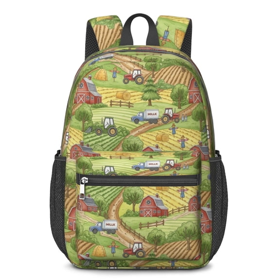 Tractor and Barns Green Pattern 17" School Backpacks for Teens,Waterproof Oxford Fabric,S-Shape Padded Straps for School,Travel,Hiking,Camping