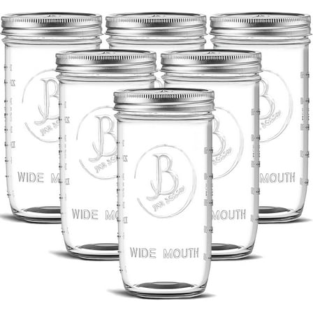 Wide Mouth Mason Jars 24 oz - (6 Pack) - Clear Glass Pint and a Half Mason Jars With Airtight Lids and Bands