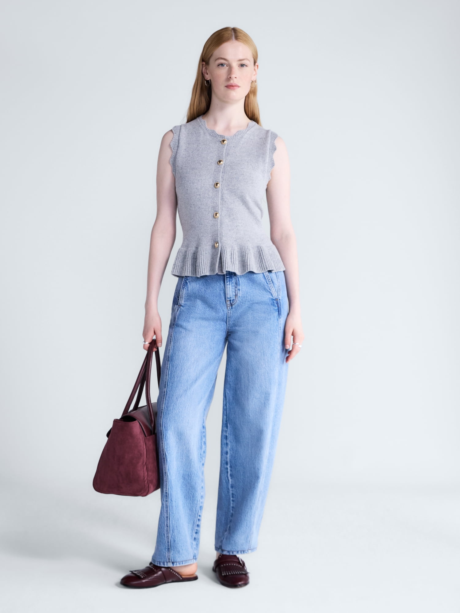 Free Assembly Women's Scalloped Trim Peplum Hem Sweater Vest, Lightweight, Sizes XS-XXL