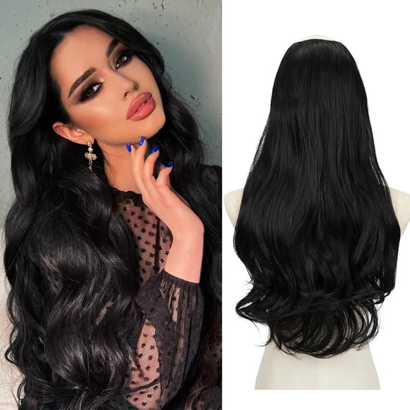 SARLA Extensiones de cabello con clip en U, pelo sintético largo, ondulado, rizado, grueso, cabeza completa, para mujer, negro azabache, 24 pulgadas