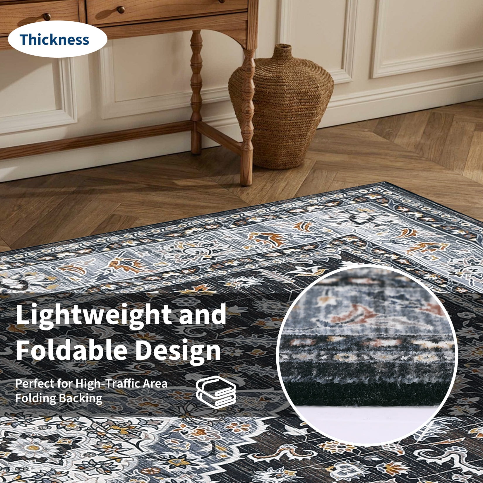 Garvee Vintage Floral Print Area Rug, 8'x10' Washable Rug Stain Resistant Indoor Carpet Non-Slip Low Pile Floor Rugs for Living Room Bedroom Dining Room, Black