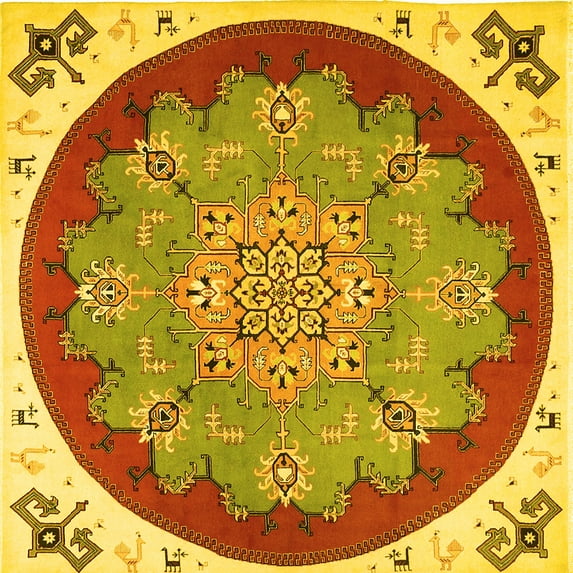 Ahgly Company Machine Washable Indoor Square Medallion Yellow Traditional Area Rugs, 4' Square