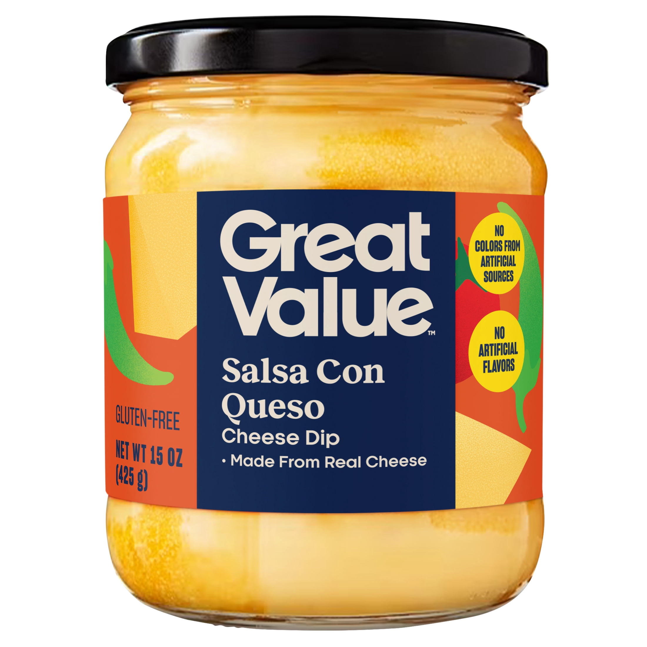 (6 pack) Great Value Mild Salsa Con Queso Cheese Dip, 15 oz, Shelf-Stable, Creamy Texture