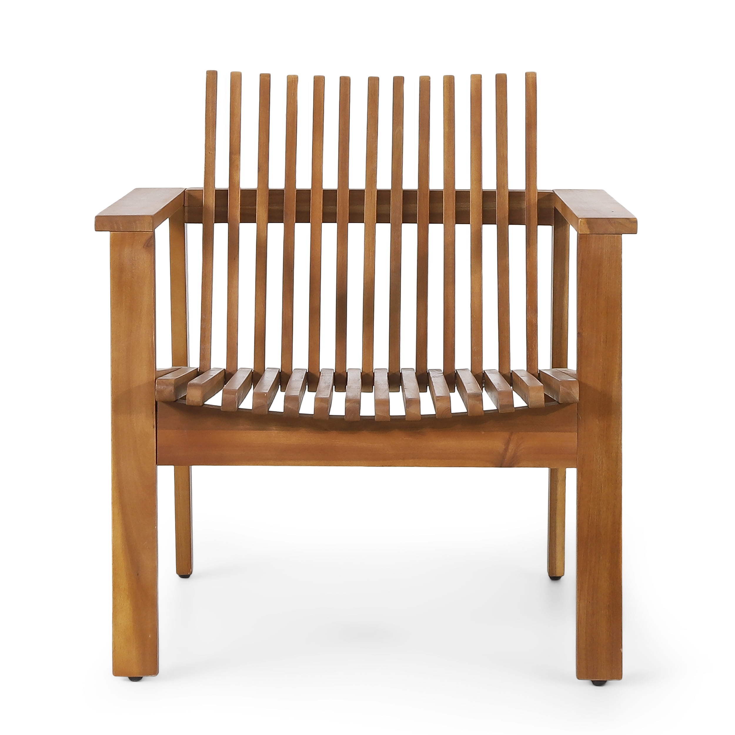 Outdoor Slatted Single Chair Set of 2, Acacia Wood Frame Leisure Seats for Patio Garden, Teak Finish