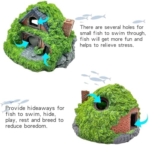 Fish Tank Hobbit Decorations,Resin Small Fish Cave Hideout House,Aquarium Decor Hide Hole Shelter Hut Ornaments Mini Garden Decorating Accessories