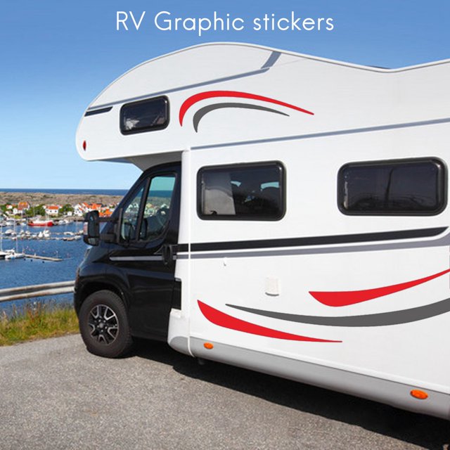 RV Motorhome Universal Body Sticker DIY Stripes image Decal Sticker Decoration for Caravan Trailer. The image features a white RV with red and gray graphic stickers applied to its exterior, enhancing its design. These automotive decals are made of durable PVC material, resistant to heat and sunlight, ensuring long-lasting color vibrancy. Suitable for customizing motorhomes, trailers, and caravans, and ideal for exterior car decoration.