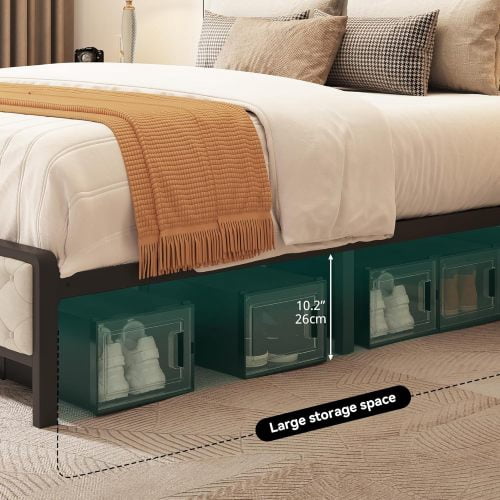 BSHTI Platform Modern Queen Size Platform Bed Frame with Upholstered Headboard and wood slats support for Livingroom