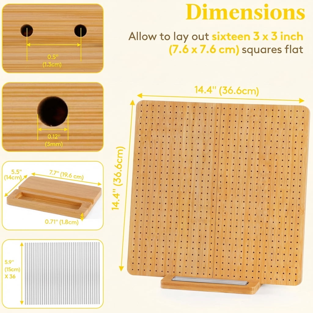 Norcho 14.4" Bamboo Crochet Blocking Board with 36 Pegs, Granny Square Mats for Knitting and Crocheting Projects