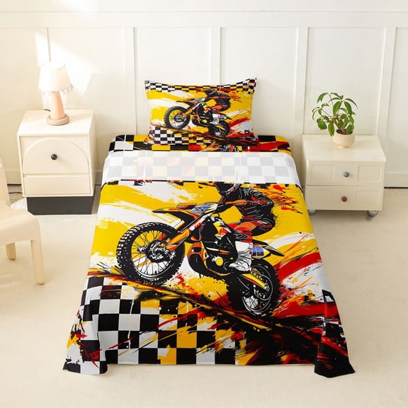 Manfei Cool Motorbike Twin Sheets,Checkered Pattern Bedding,Yellow,3-Piece,1 Fitted Sheet and 1 Pillowcase