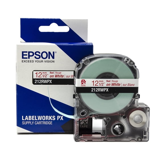 Epson LABELWORKS 212RWPX - Red on White PET Label Maker Tape - 1/2" (12MM) Wide, 30'