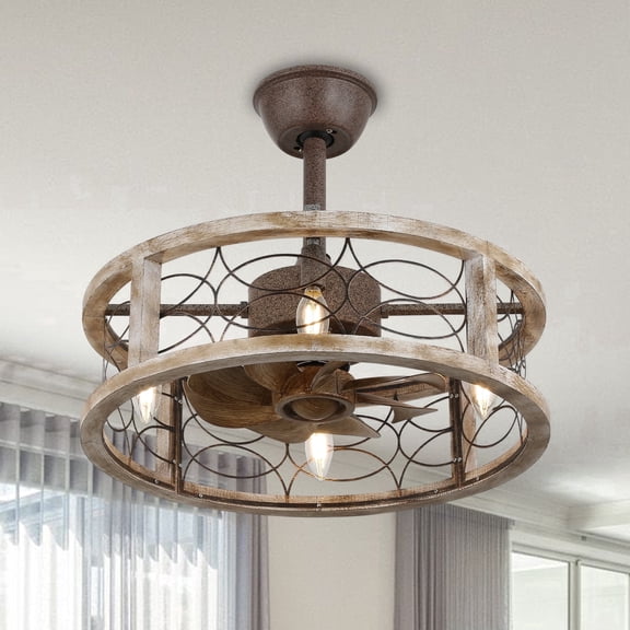 Chords Attic 20" Rustic Caged Ceiling Fan with Light and Remote Control, 4-Light Farmhouse Wood Finish Ceiling Fan Fixture for Bedroom, Living Room
