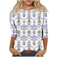 thumbnail image 3 of Économies d'Été en Liquidation! Fatuov Hauts Grande Taille pour Femmes T-Shirts Graphiques Floraux d'Été Manches 3/4 Col Rond Hauts Décontractés Violets, 3 of 4