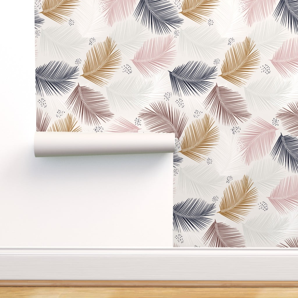 Removable Water-Activated Wallpaper Gray Tropical Floral Botanical Palms Modern 