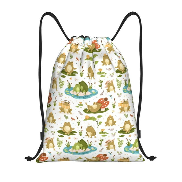 Saiise Cute Frog Pattern Sports Drawstring Backpack - String Swim Gym Bag with Wet Proof Pocket for Women&Men-Small