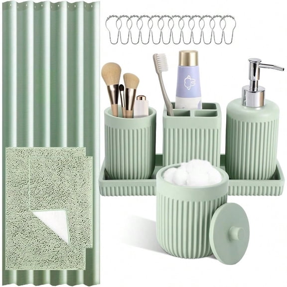 8-Piece Light Green Bathroom Set - Resin Bathroom Accories Sets Complete with Shower Curtain and Rugs Soap Dispenser Toothbrush Holder Tumbler Vanity Organizer