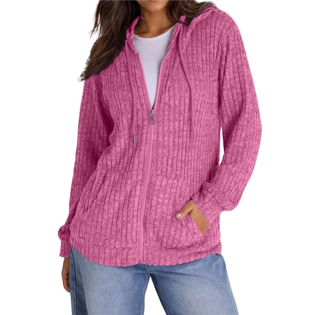 Suéteres para Mujer, Sudaderas de Punto de Larga con Cremallera, Sudaderas Acanaladas, Sudaderas Casuales Holgadas con Bolsillo. Rosa XXL