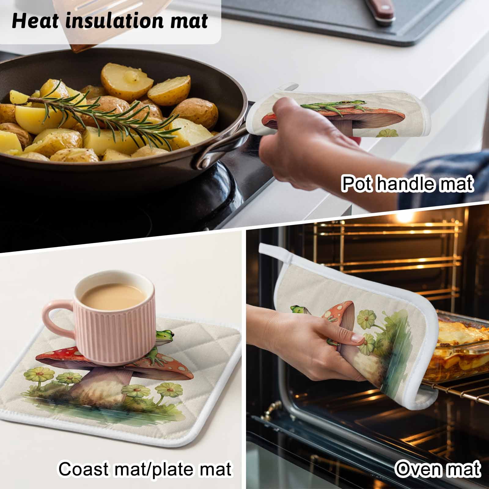 Mushroom Frogs Pot Holders for Kitchen Heatproof Potholder, 4 Pack Spring Floral Green Botanical Rustic Hot Pads Multipurpose Oven Pads Cloth Potholders Trivet for Cooking and Baking