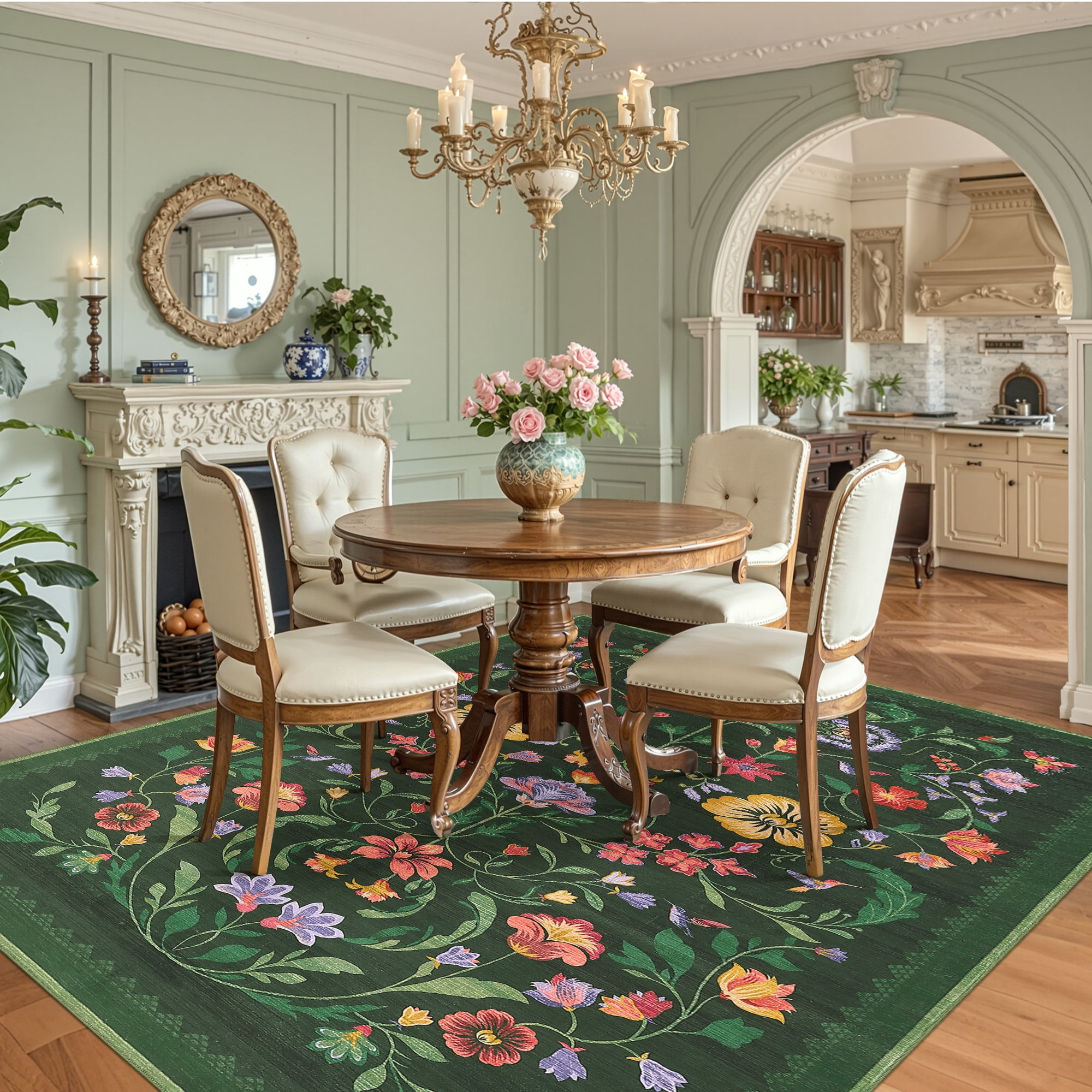 Garvee 5'x7' Floral Printed Area Rug Vintage Soft Rug, Washable Low Pile Rug Stain Resistant Farmhouse Indoor Carpets with Non Slip Backing for Living Room Bedroom Playroom, Green