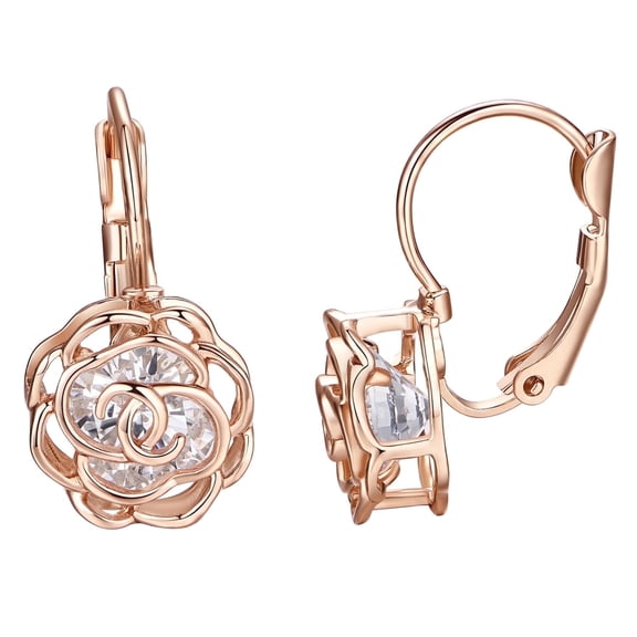 Yoursfs Leverback Earrings for Women Inlay Cubic Zirconia Filigree Gold Plated Hollow Rose Flower Earrings Drop Piercing Earrings Jewelry Gift