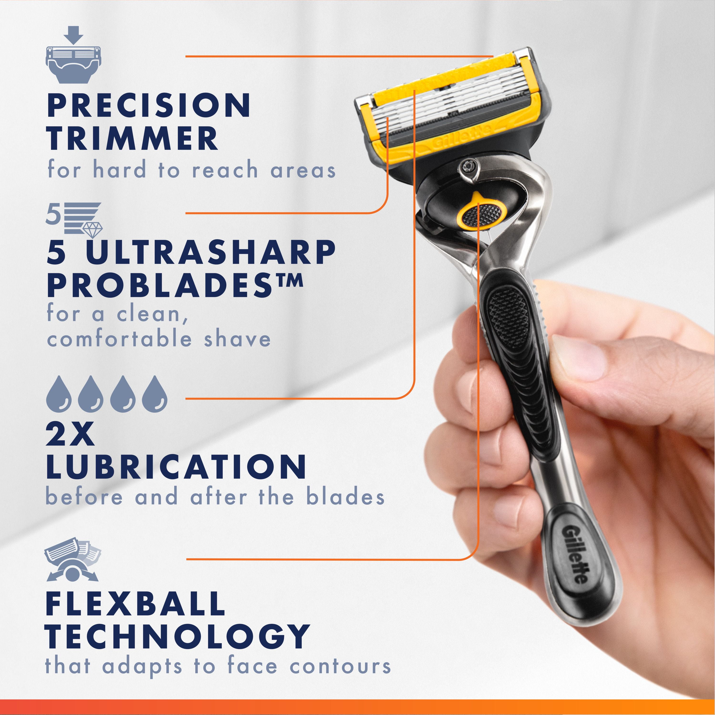 Cartouches de rechange de rasoir Gillette Fusion5ProGlide Défense pour hommes de rechange de rasoir pour manche de rasoir Flex-pivot, 2x plus de lubrification, lame de précision pour hommes
