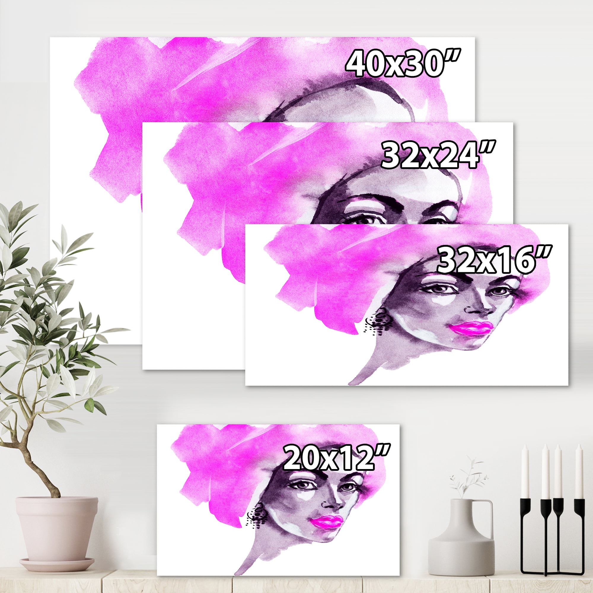 Afro American Pink Woman Fashion Portrait 32 in x 16 in Painting Canvas Art Print, by Designart