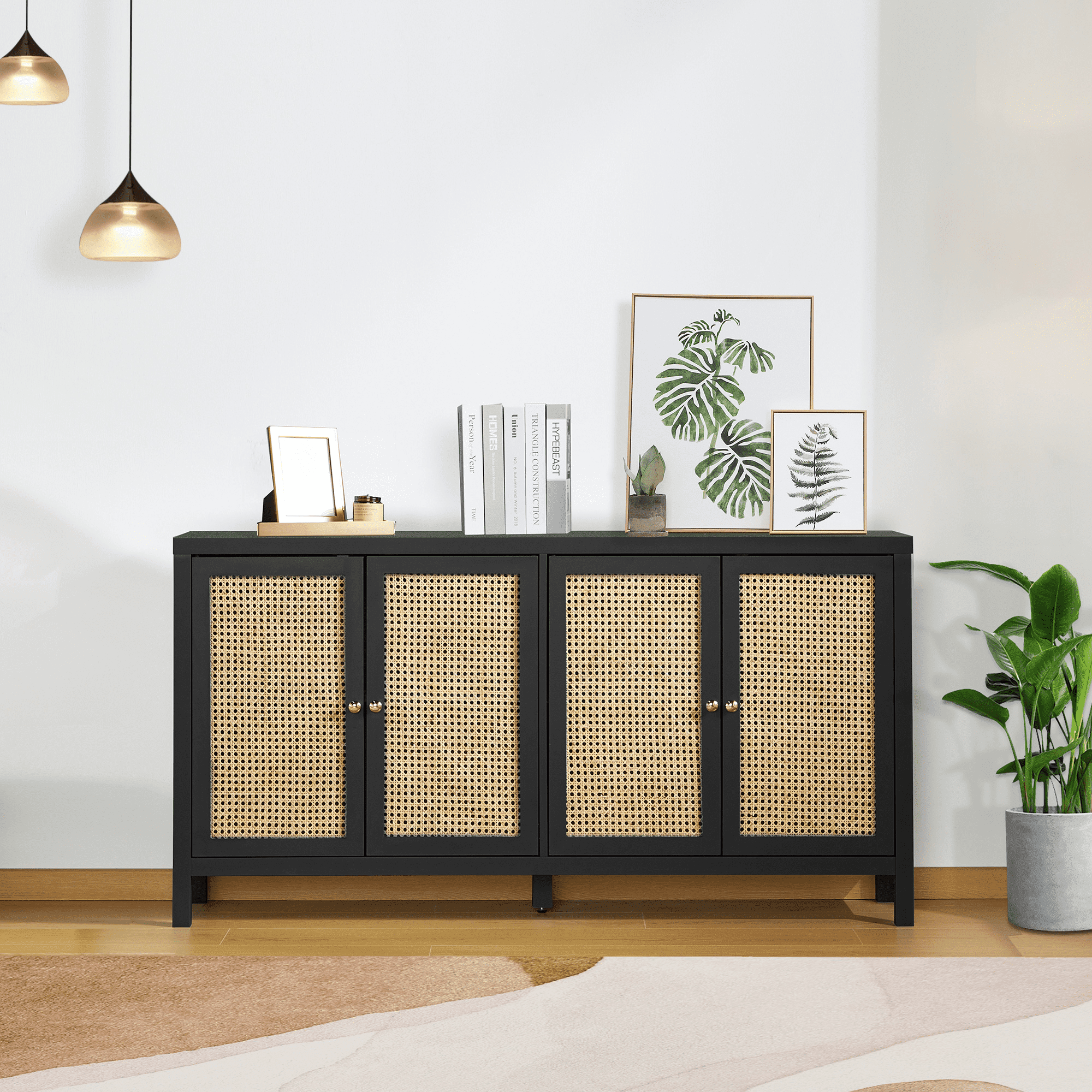 YOCWO Blue Rattan Cabinets with Doors, Sideboard Buffet