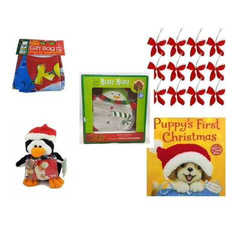 Christmas Fun Gift Bundle [5 Piece] - Super Giant Gift Bag With Tag - Set of 12 Red Velvet White Trim Wire Bows - Cracker Barrel Serveware Snowman Bowl & Spreader -  Penguin  Gift Card Holder 6