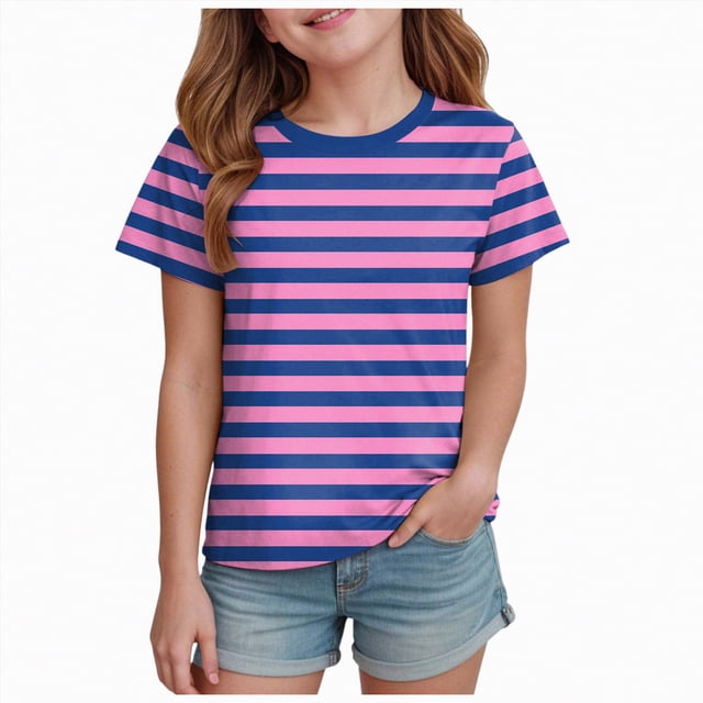NIEWTR T-Shirts Classiques à Rayures à Manches Courtes pour Filles T-Shirts d'Été pour Enfants Col Ras du Cou Tendance T-Shirts pour Enfants 5-14 Ans (Violet Foncé, 2-3 Ans)