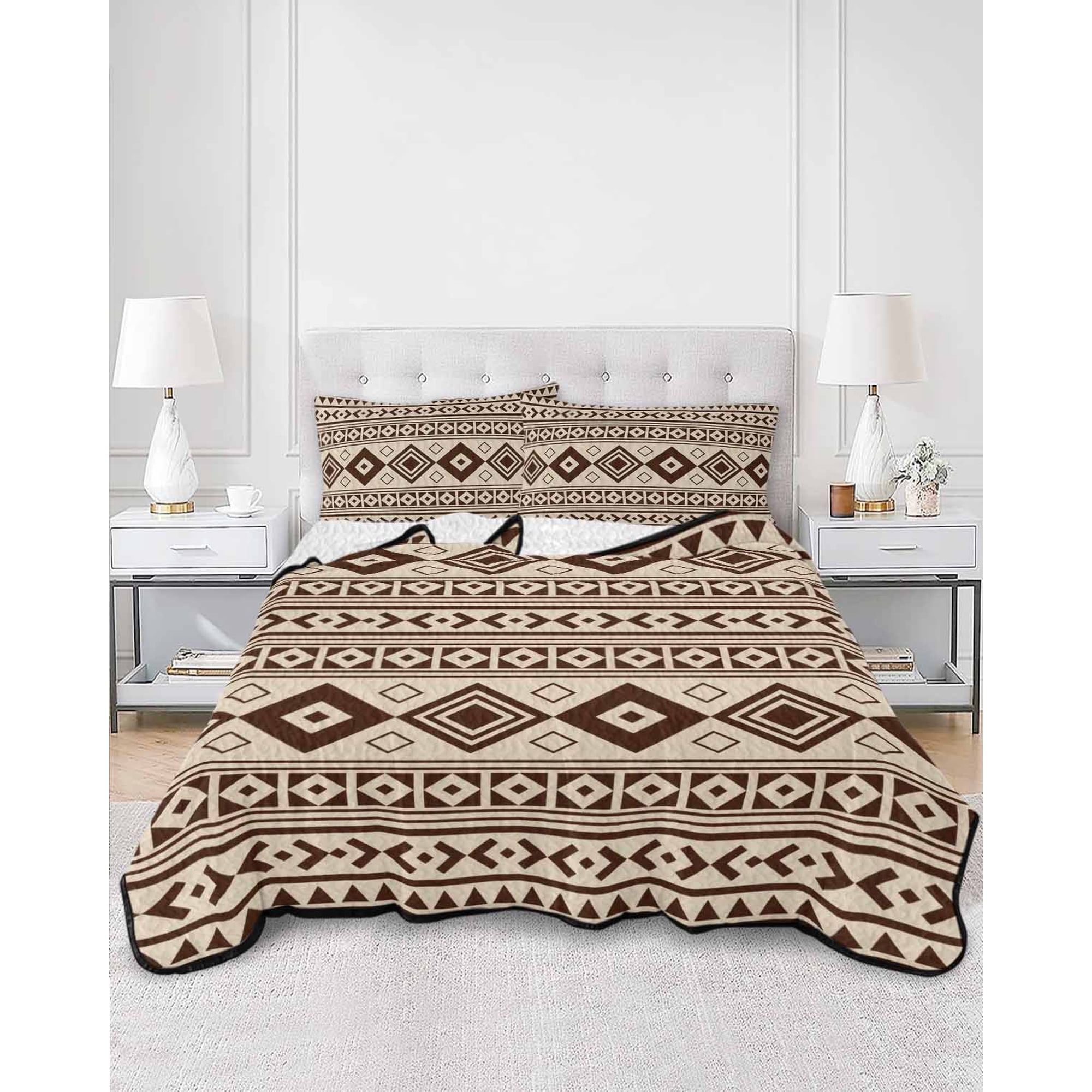 Quilts Full Size Farmhouse Brown Soft Comforter Bedding Set for Bed Boho Geometric Modern Abstract Bohemia Lightweight Quilted Bedspread with Pillow Cover(2 Pieces) for All Season 78x90 Inch