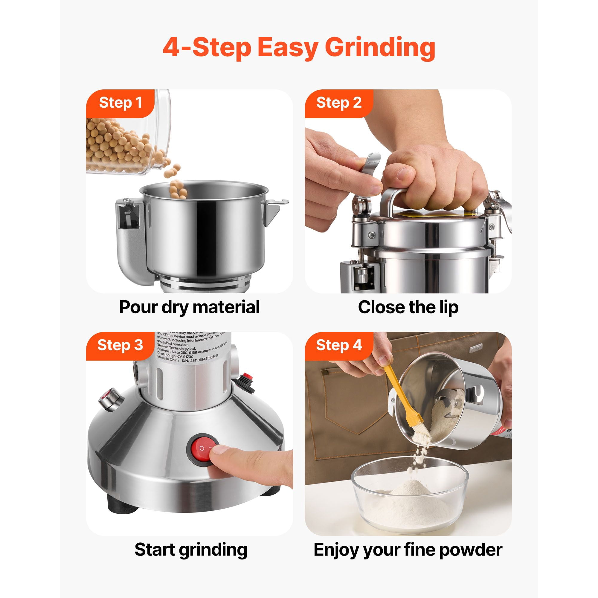 Electric Grain Mill Grinder 850W 28000 RPM Stainless Steel for Dry Grains Spices Coffee
