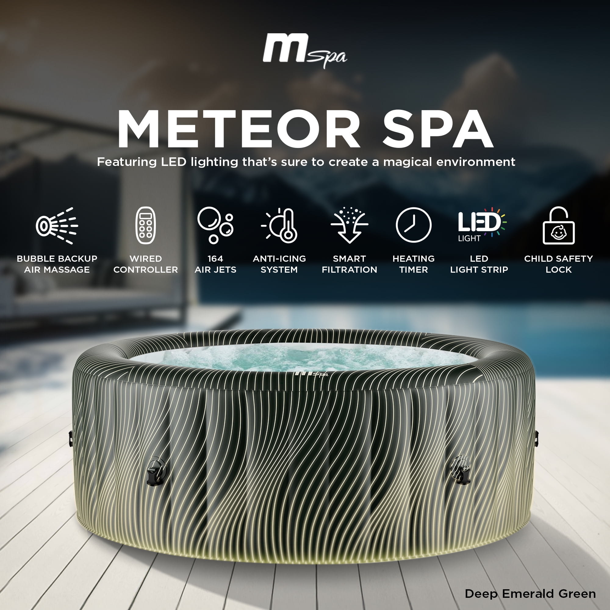 MSpa Round Inflatable Bubble Spa, 4-6 Person Hot Tub w/LED Lights, Meteor