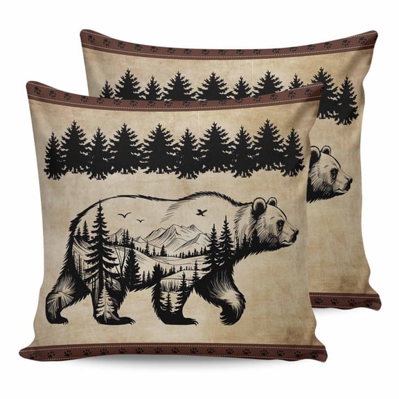 Outdoor Waterproof Throw Pillow Covers Set of 2 Black Bear Pine Tree Silhouettes Pillowcases Square Outdoor Pillows Cushion Case 16x16 Inch Vintage Rustic Forest Patio Pillows for Couch Sofa Bed