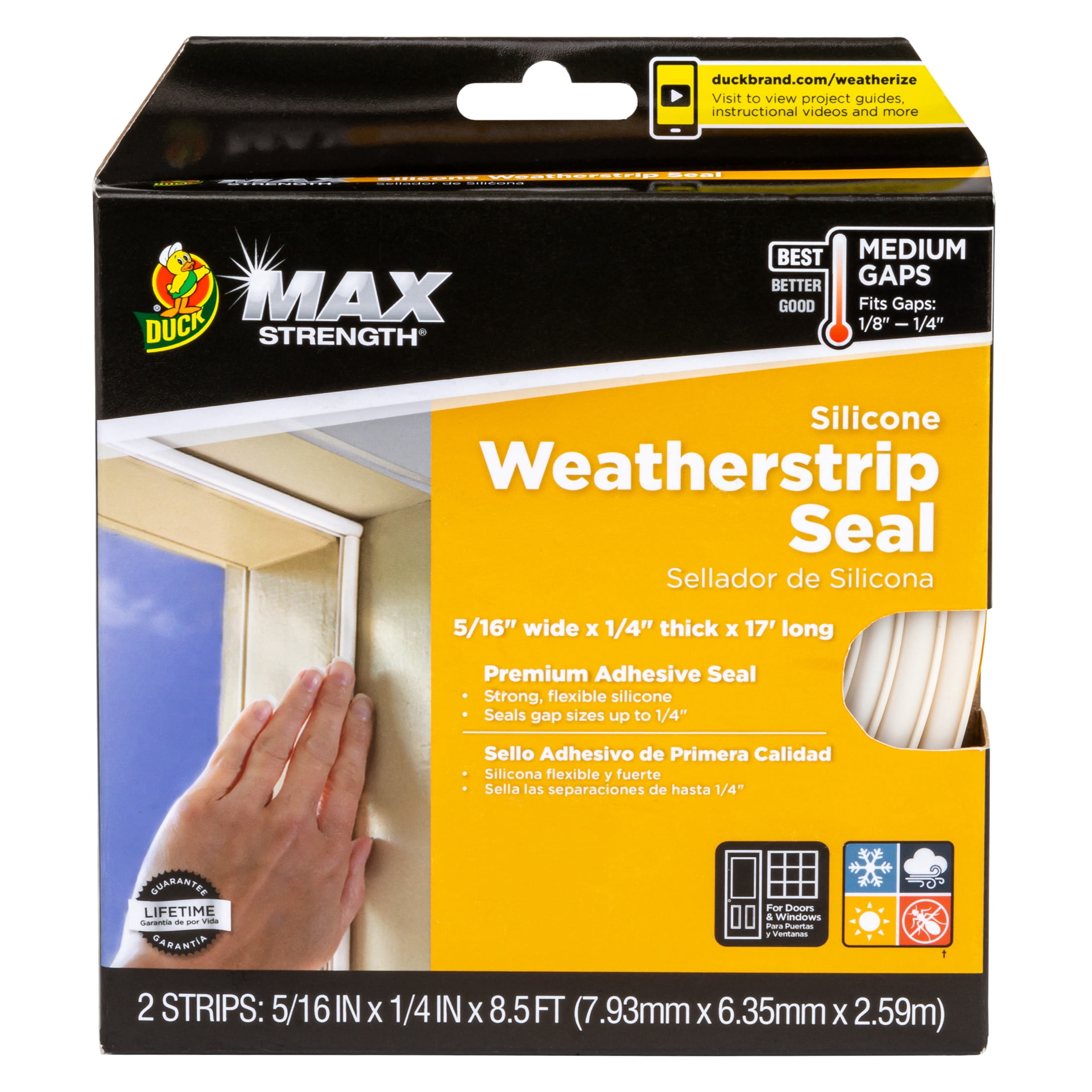 Duck Brand, 0.31 Inch X 0.25 Inch X 102 Inch White Max Strength Silicone Medium Gap Seal, Self-Adhesive