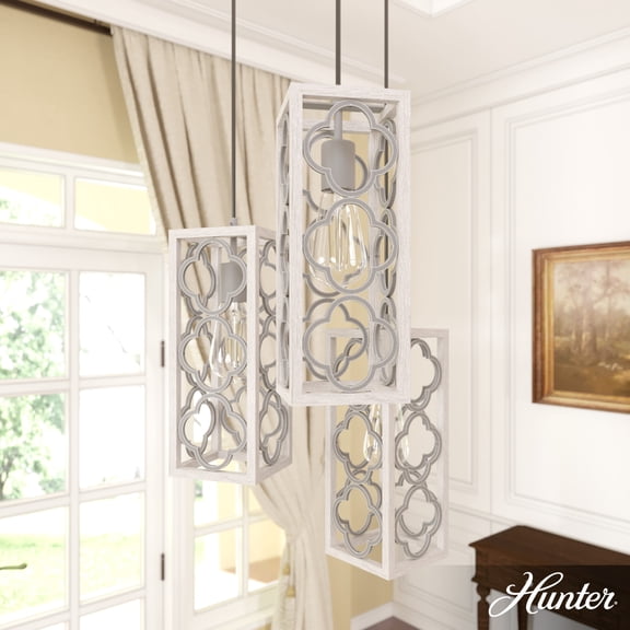 Hunter - Gablecrest 3-light Distressed White, Medium Size Cluster Light, Dimmable, Transitional Style, Round Shaped, for Bedrooms, Dining, Living Rooms - 19996