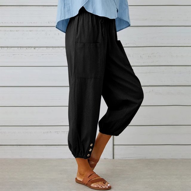 Pantalones Sueltos De Mujer Pantalones recortados de moda para mujer Pantalones de pierna ancha con bolsillos cómodos (Negro L) Cgtredaw Para estrenar